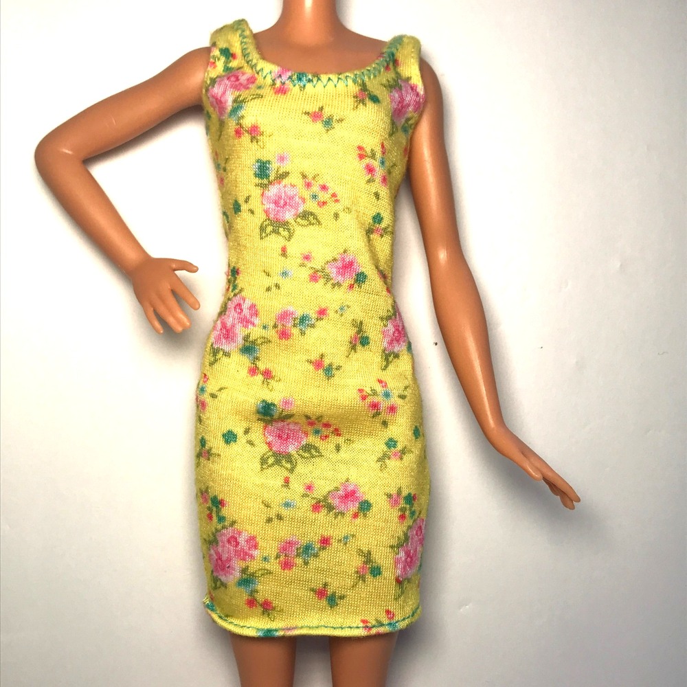 Barbie Doll Clothing Yellow Sheath Dress With Pink Flower Print